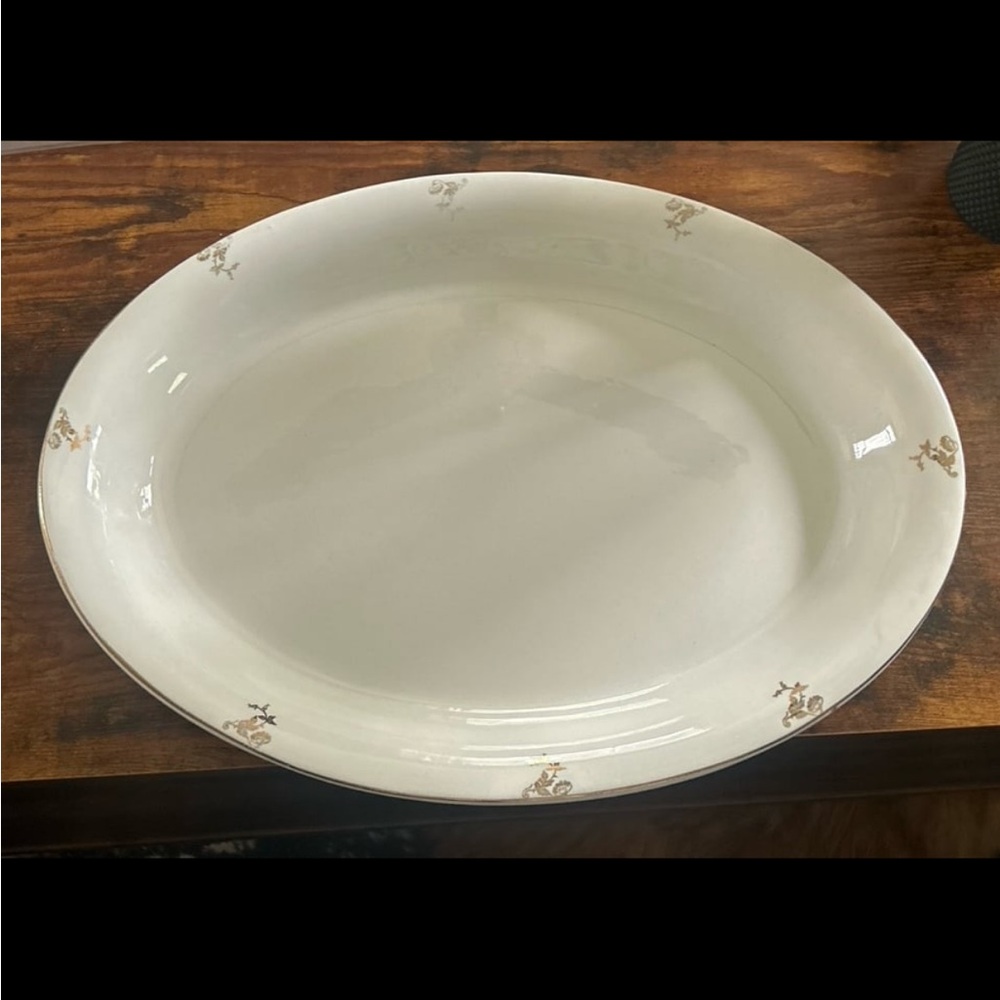 Crown Pottery Co Vintage White Gold Flower Platter